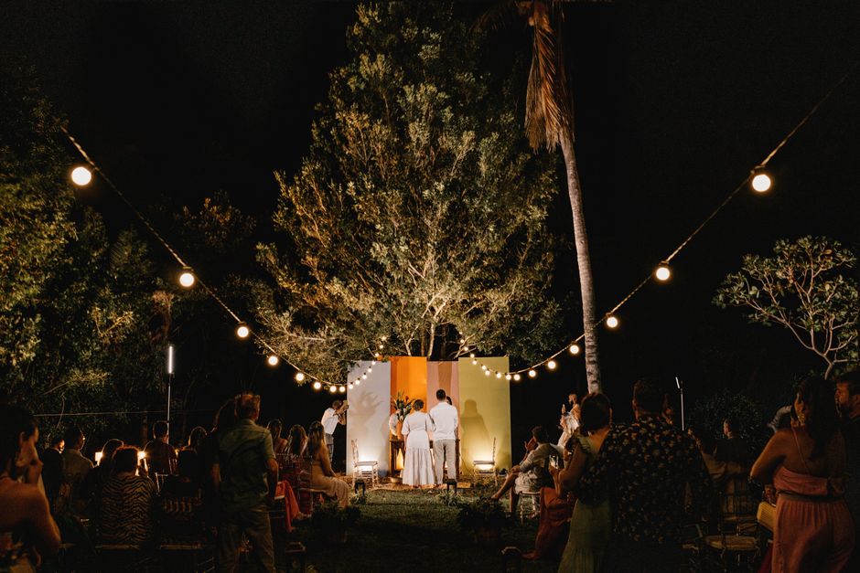 Garden wedding venue with atmospheric string light decoration