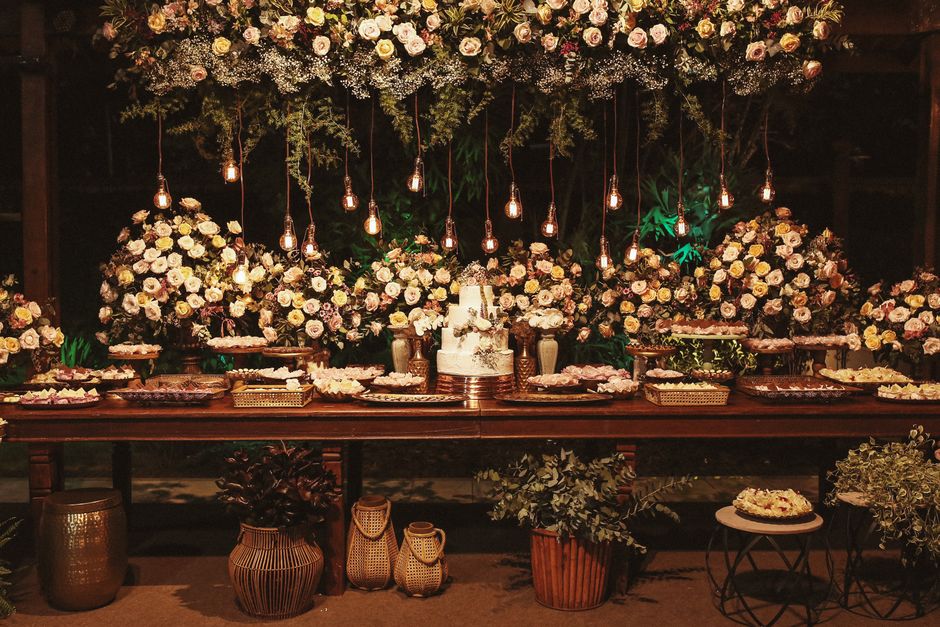 Warm ambient lighting at a wedding reception dinner setting