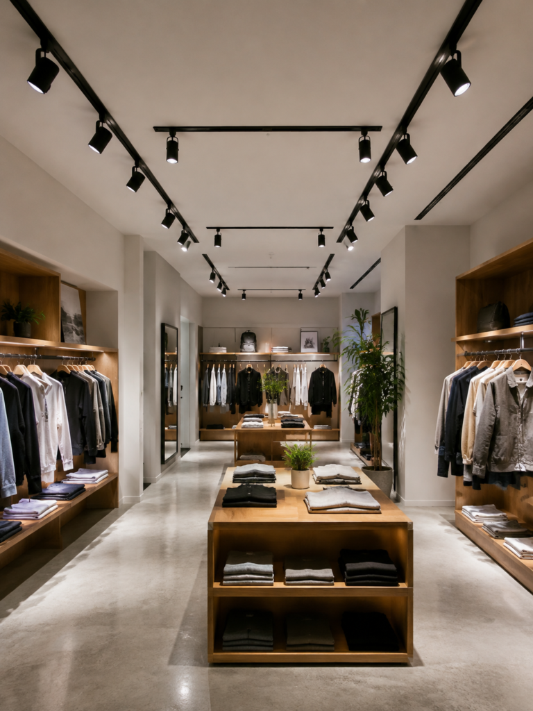 Modern retail clothing store interior with black track lighting illuminating displays