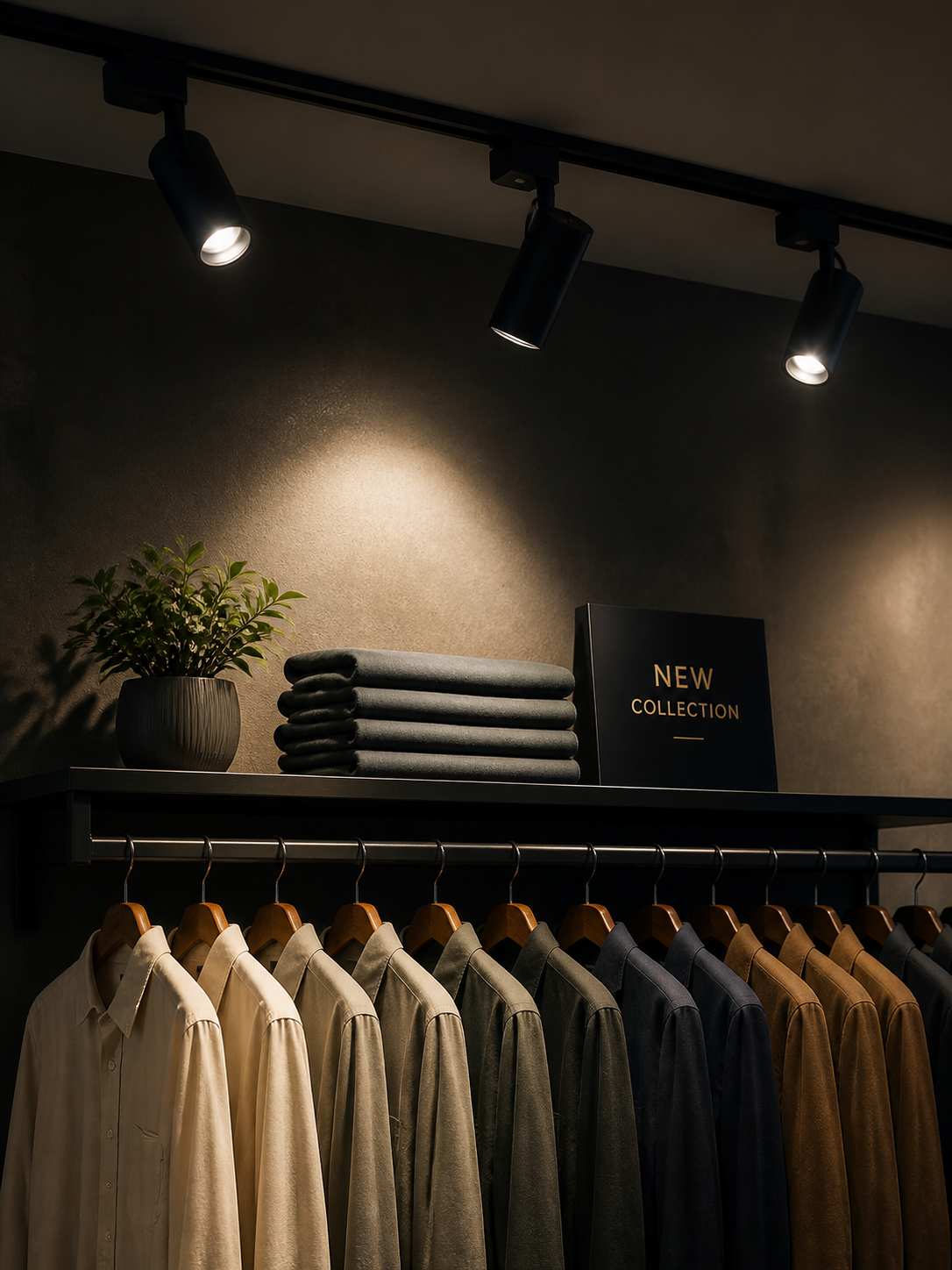 Track lighting creating dramatic wall wash effect on retail clothing display