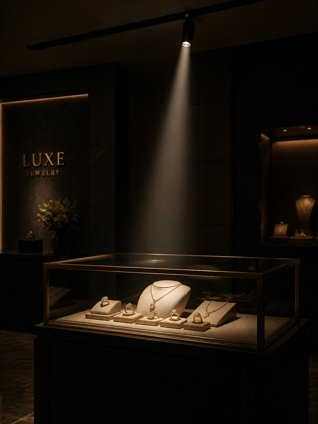 Narrow beam track spotlight illuminating jewelry display case with dramatic effect