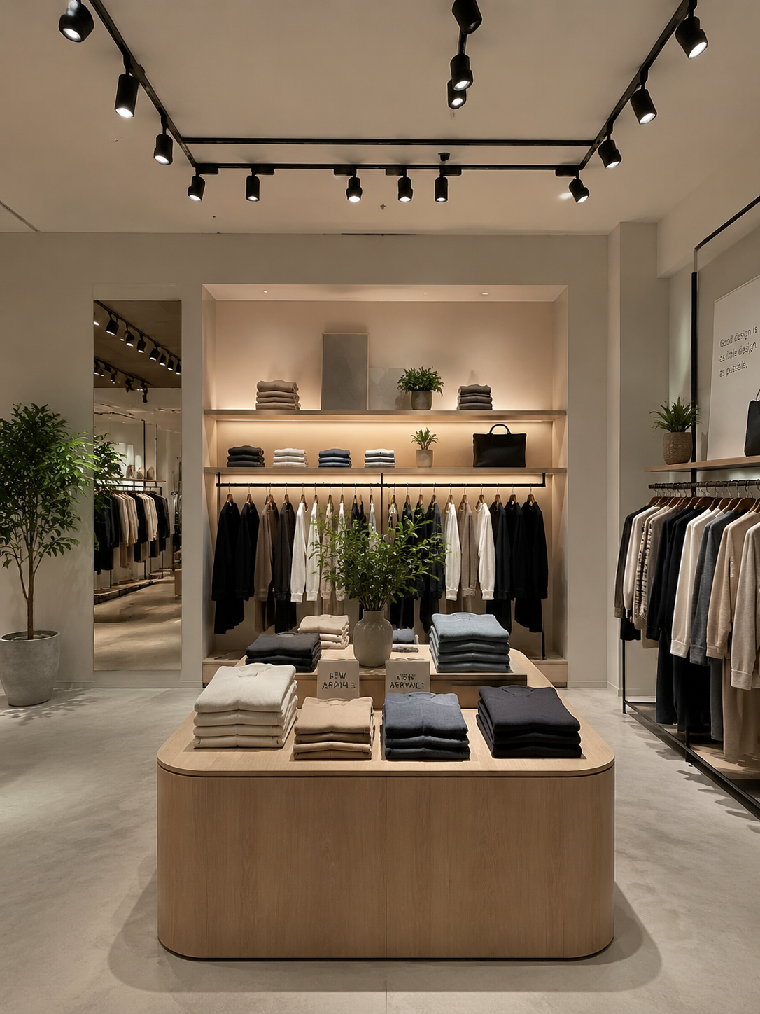 Multiple track lights illuminating central island display table in fashion retail store