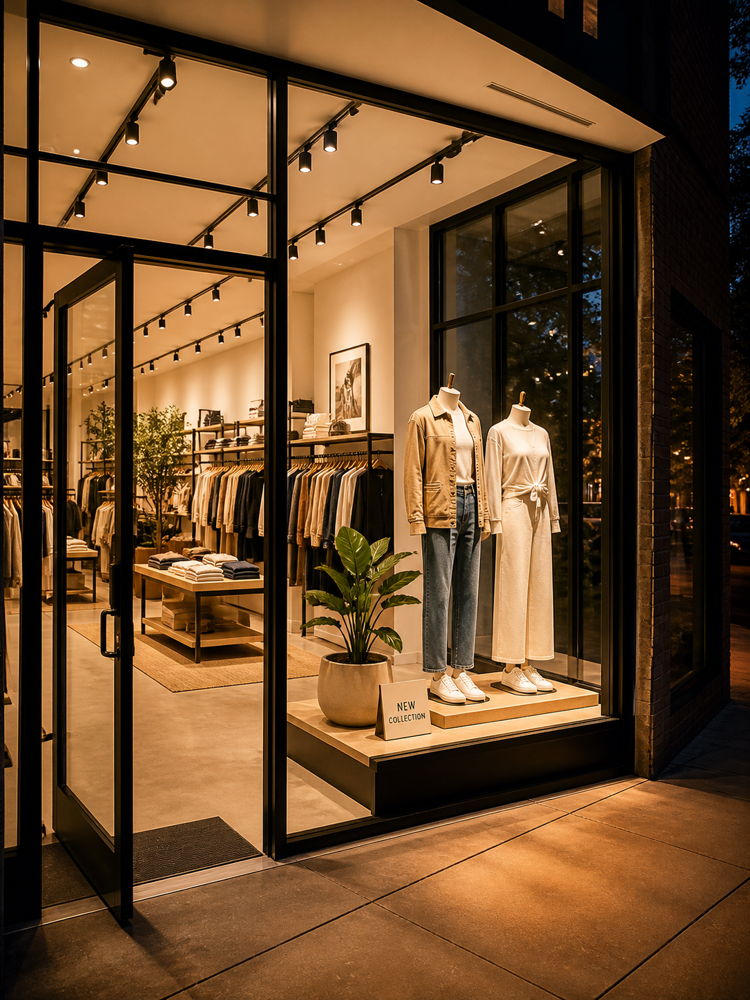 Retail storefront with track lighting illuminating window display mannequins in evening