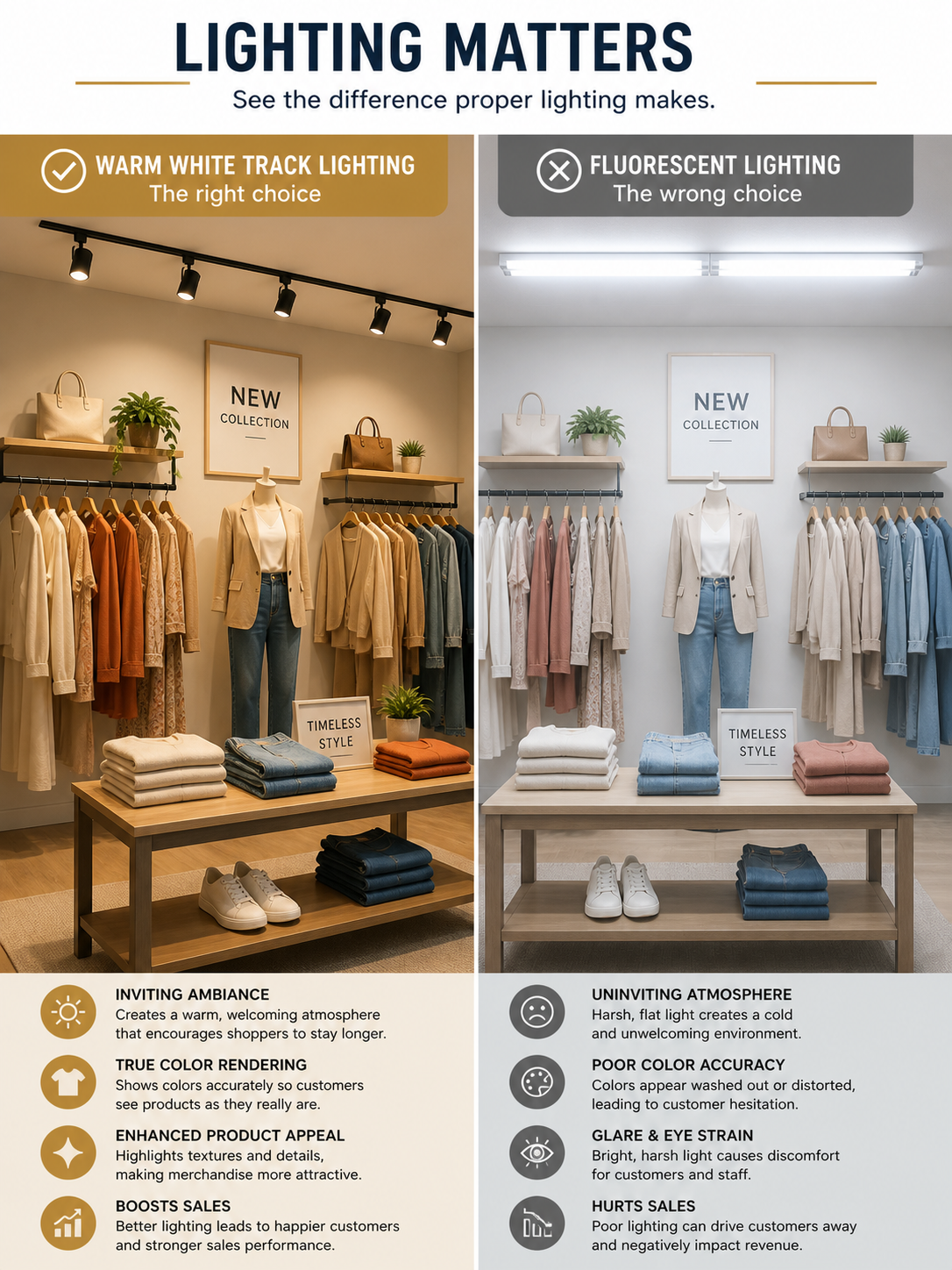 Comparison showing retail display with correct warm track lighting vs incorrect harsh fluorescent lighting