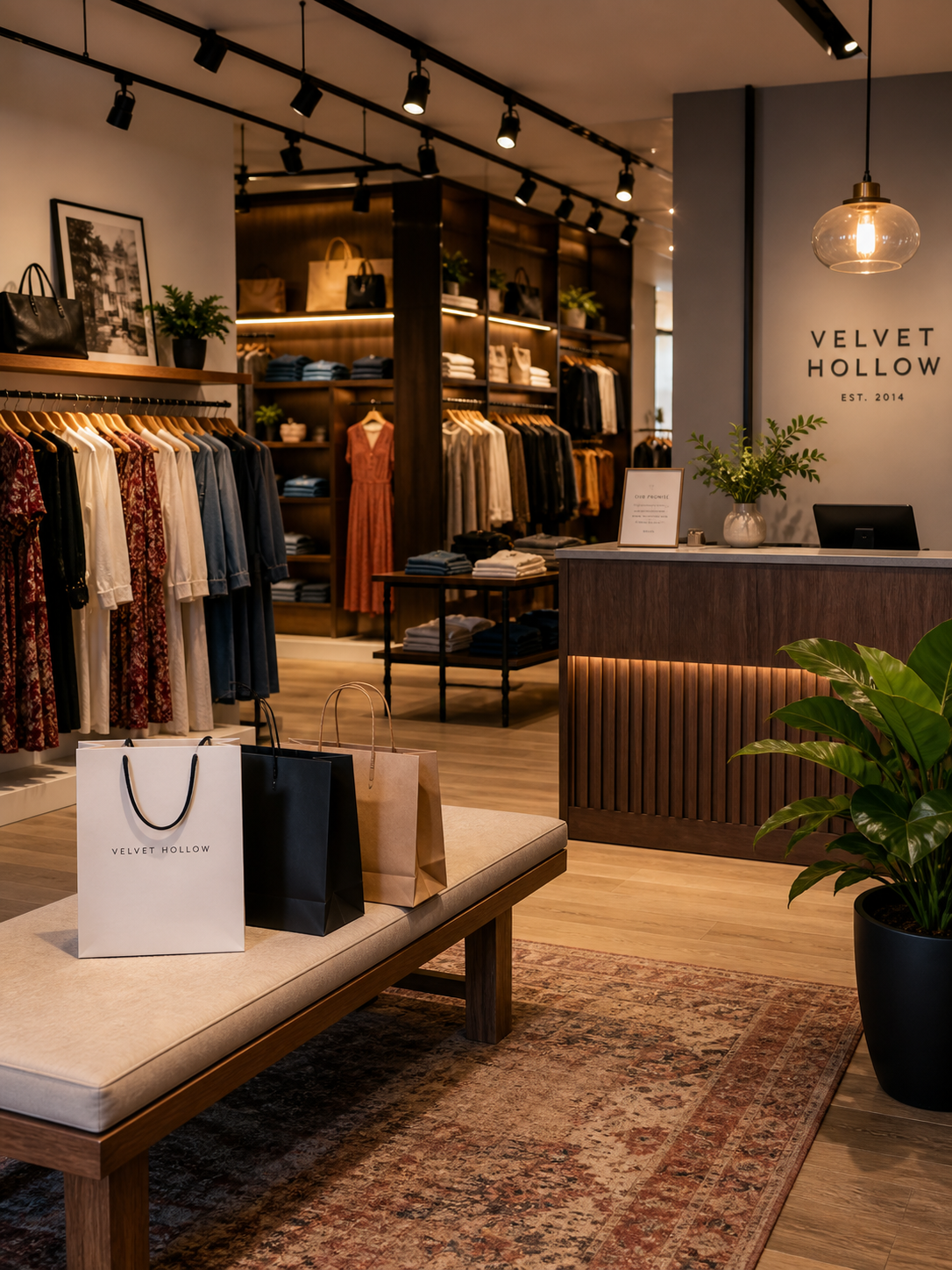 Fashion retail store interior with warm track lighting creating inviting shopping atmosphere