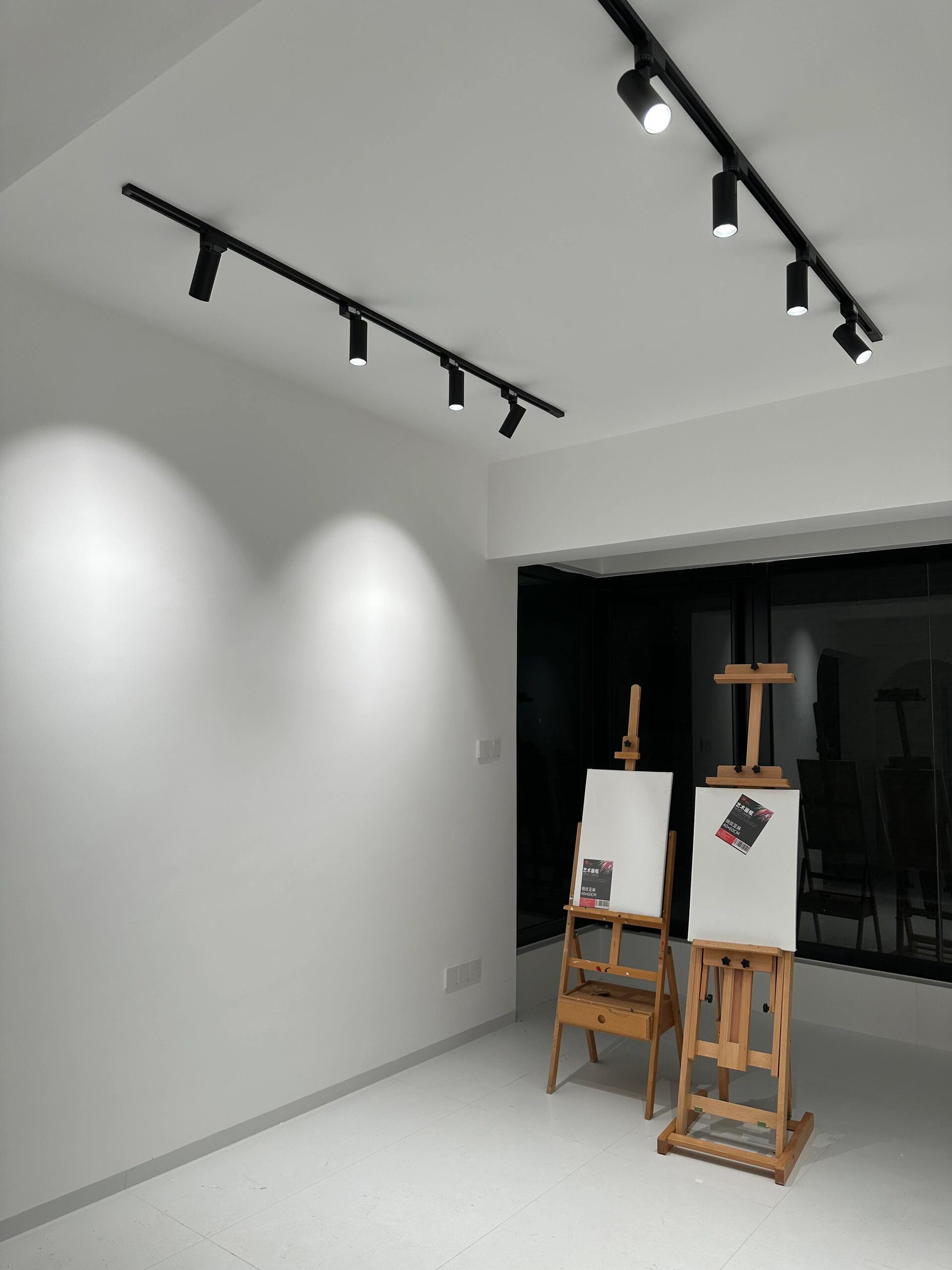 White studio space with black track lights above art easels and glass sliding doors - showing track lighting in context