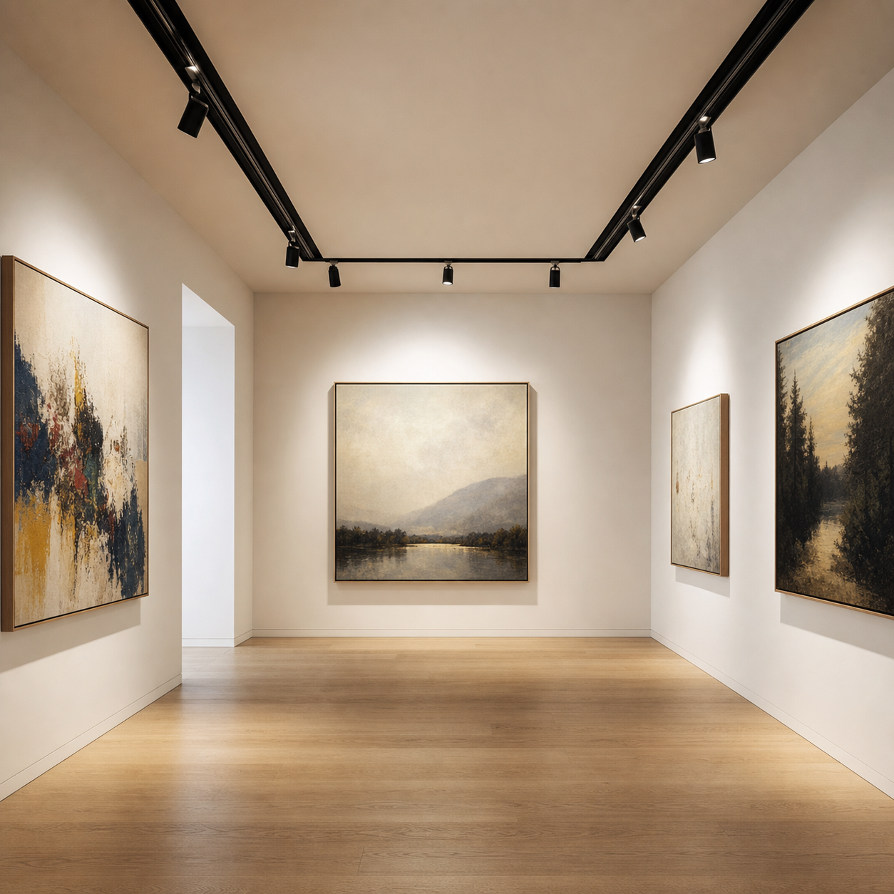 art gallery track lighting aiming at paintings