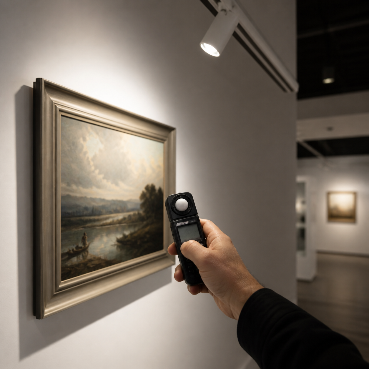 lux meter measuring illuminance on a gallery painting