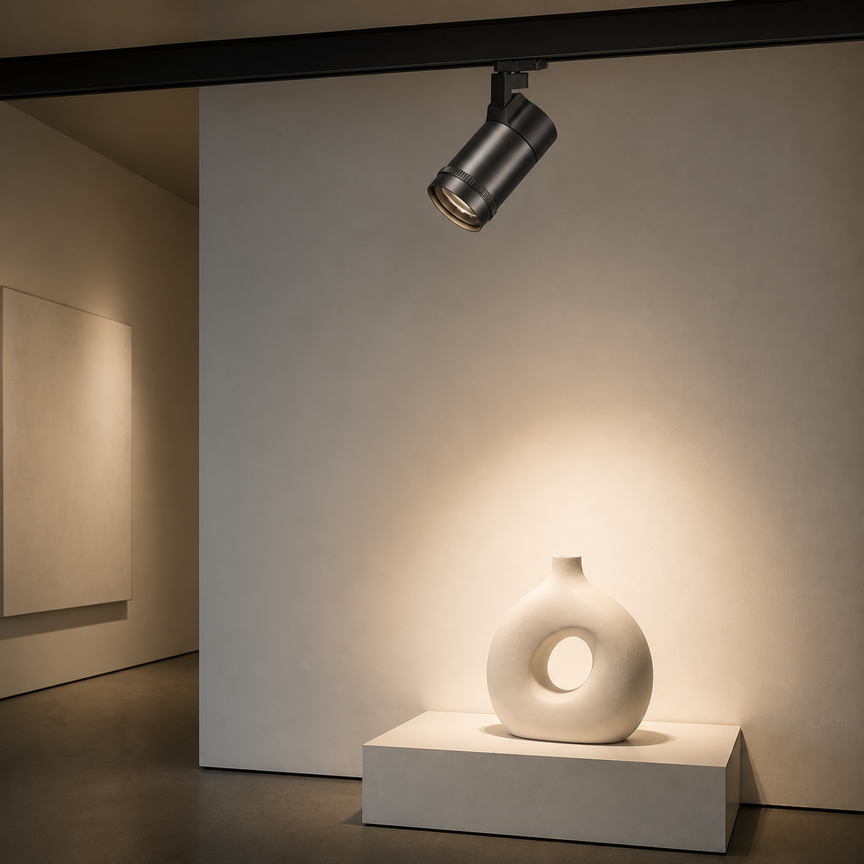 sculpture lit by narrow beam track spotlights in a gallery