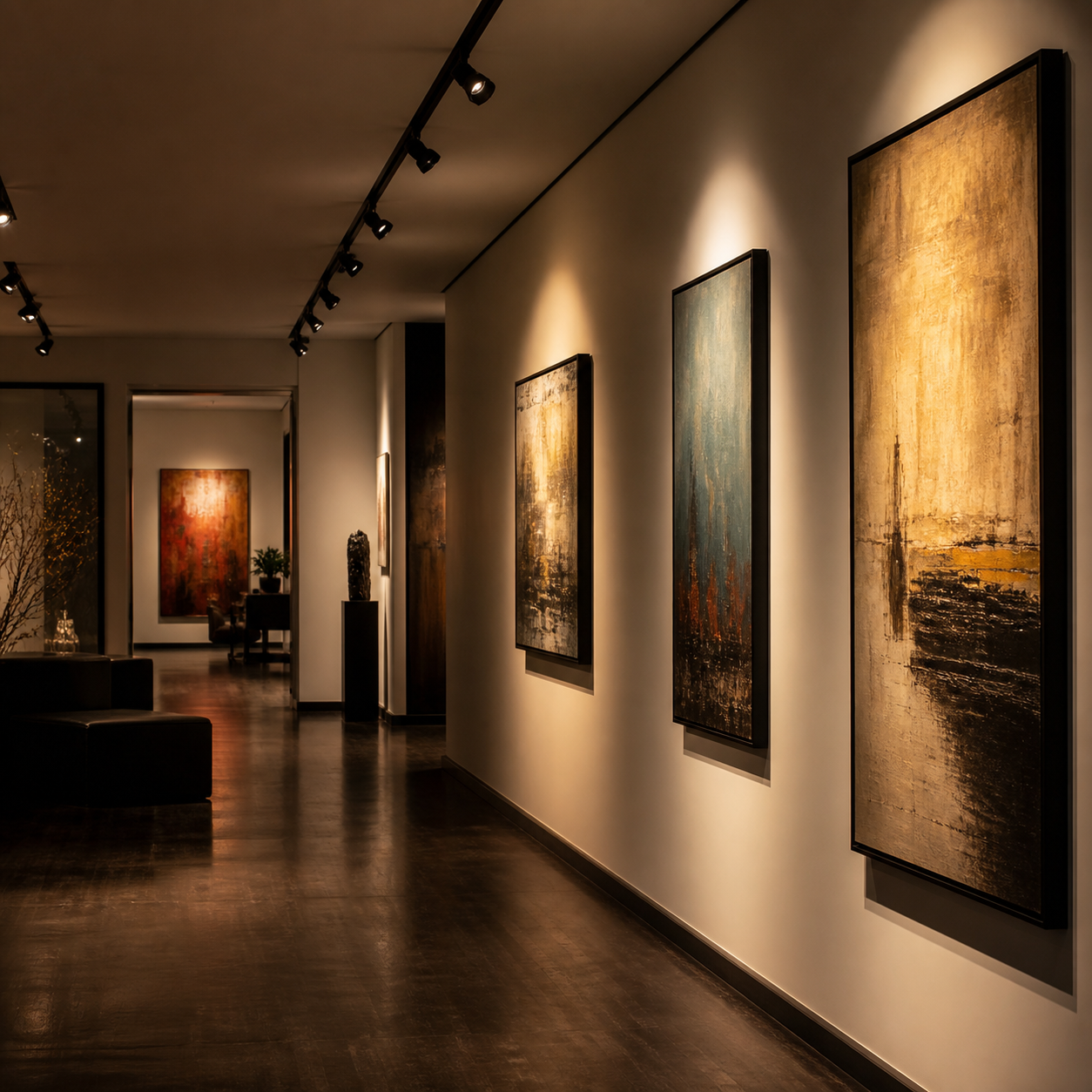 art gallery evening ambience with warm track lighting