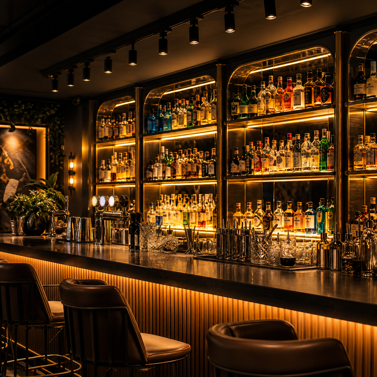 Bar counter track lighting backlit bottles cocktail