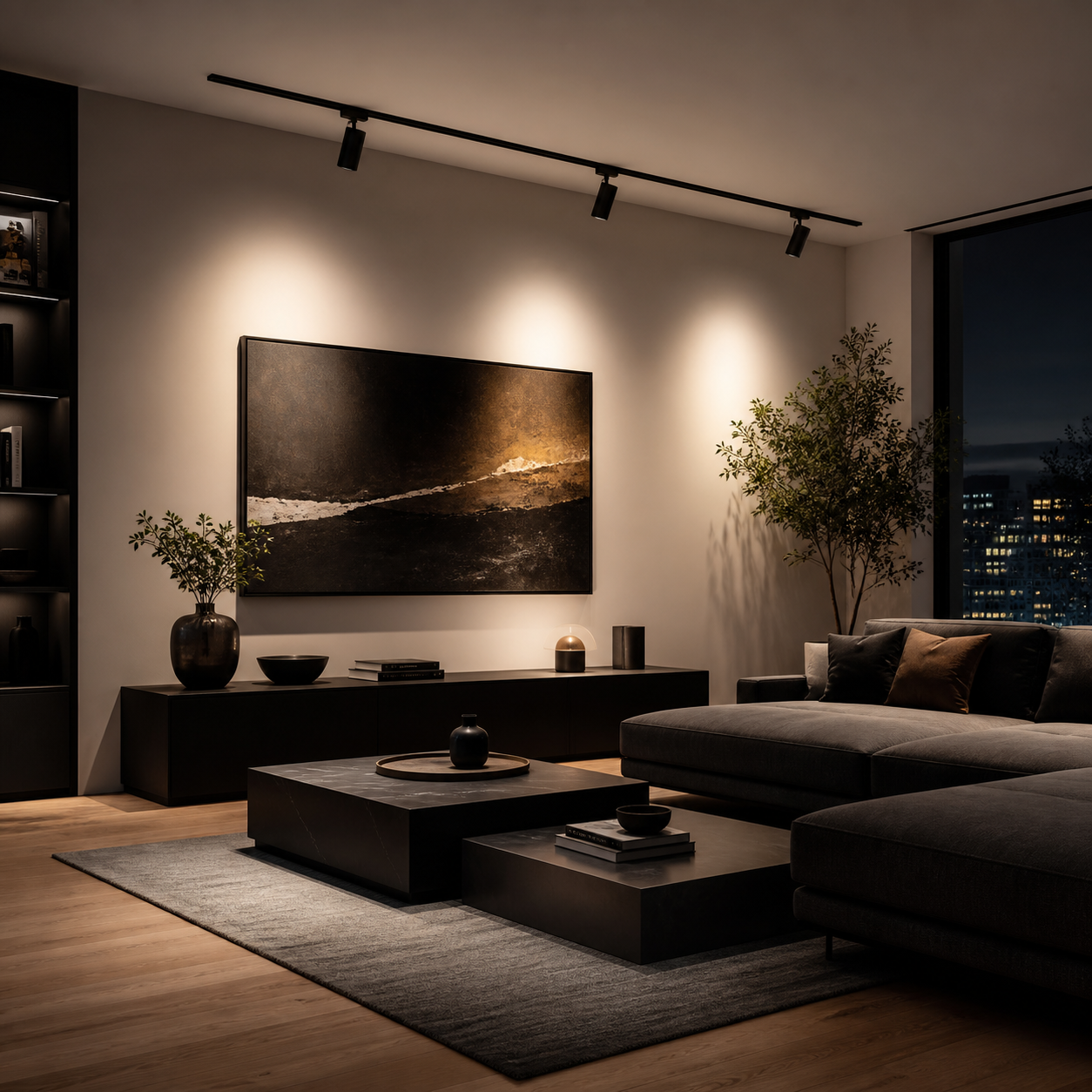 black track lighting in a modern living room