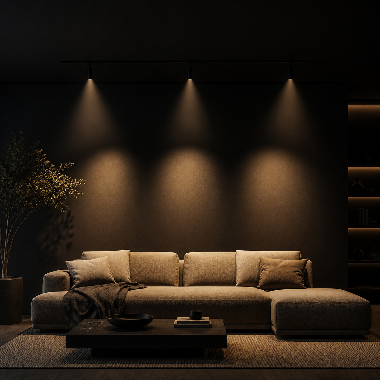 black track lighting receding into ceiling shadow