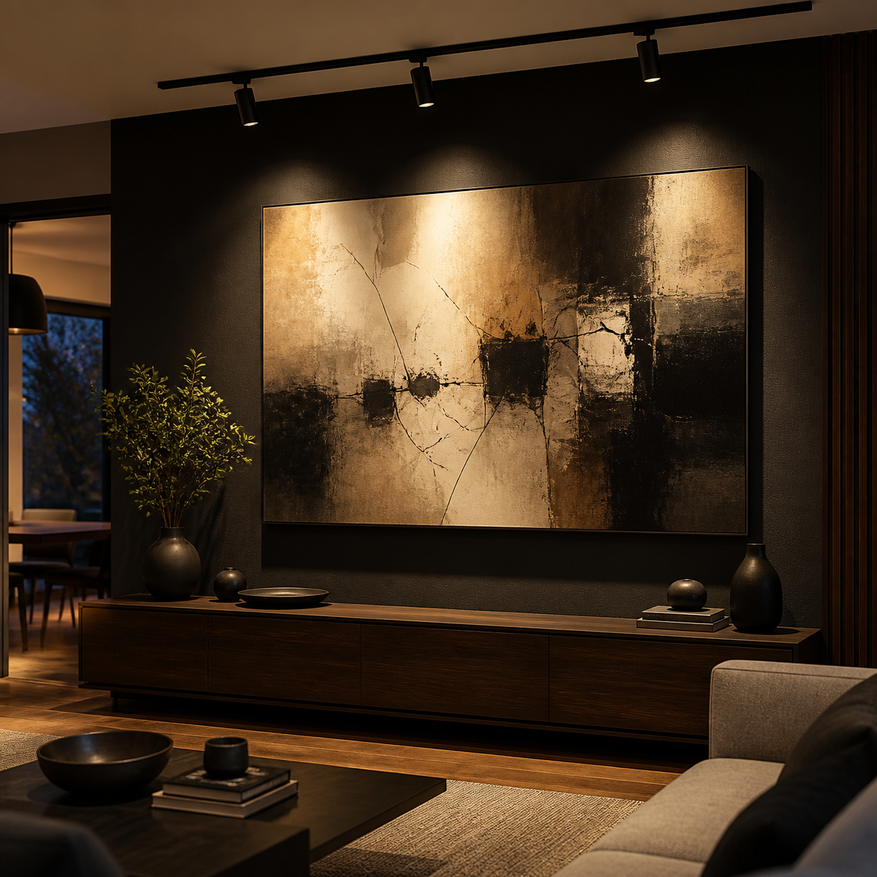 black track lighting accent wall living room