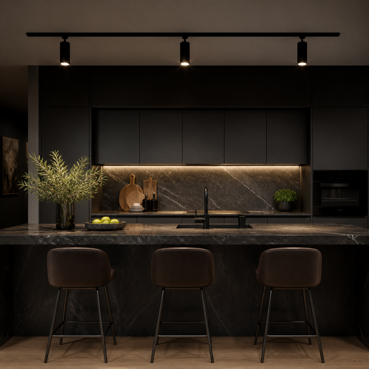 black track lighting over kitchen island