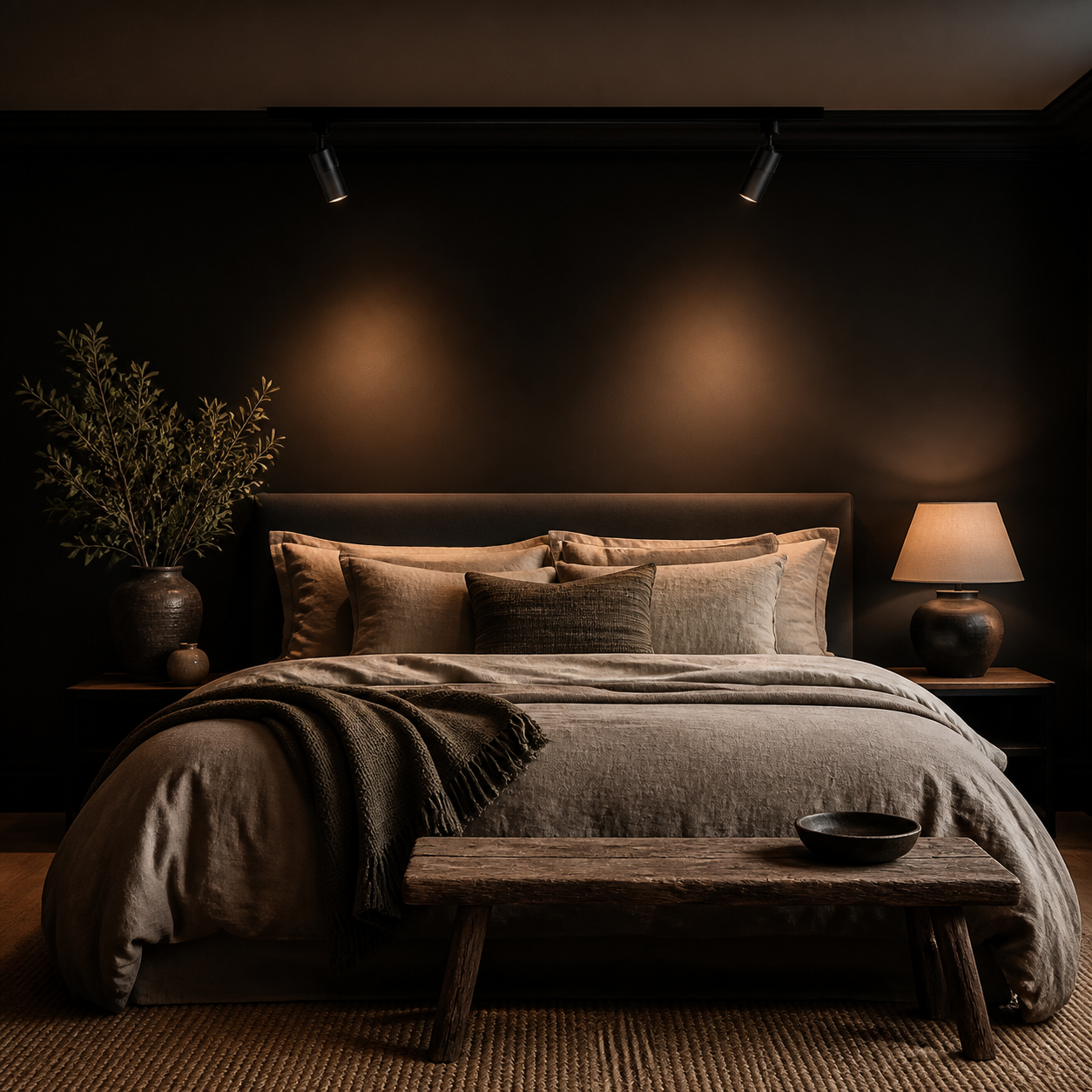 black track lighting bedroom headboard