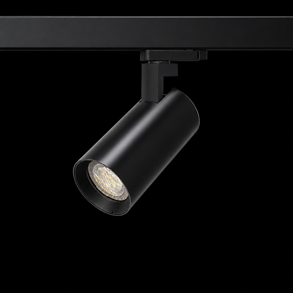 black LED track light head on rail