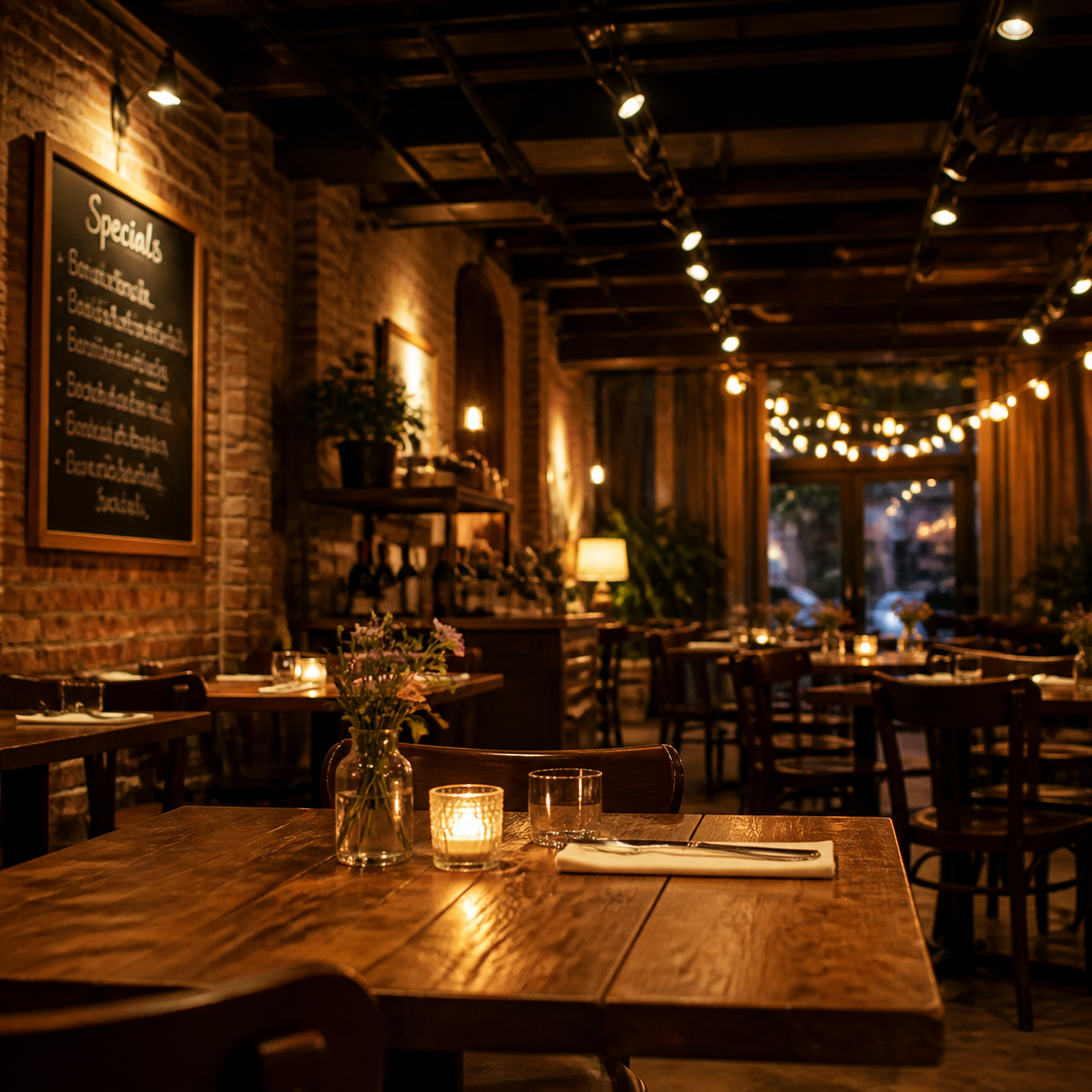 Casual bistro warm track lighting exposed brick