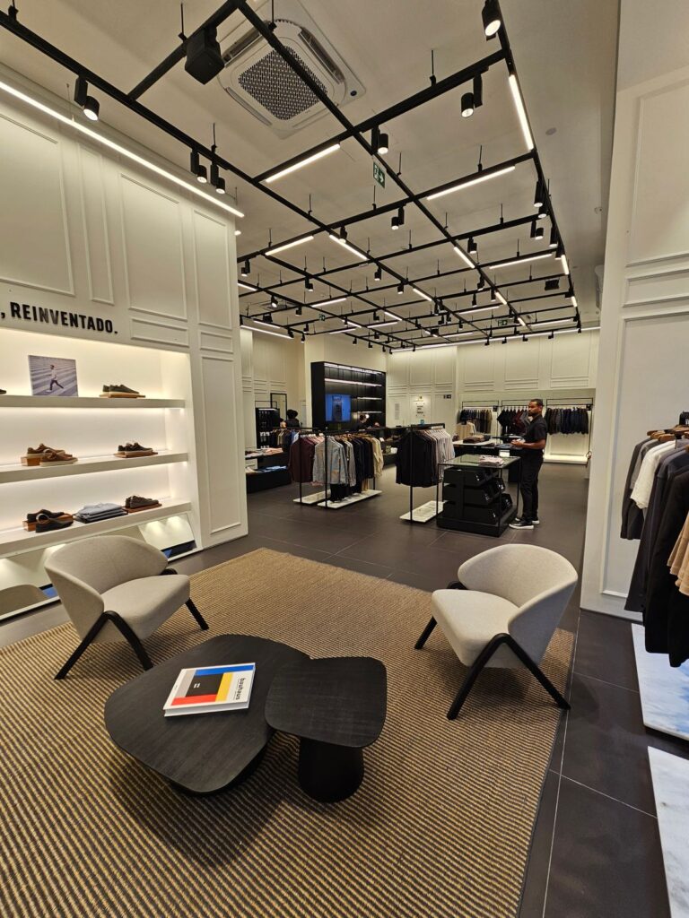 Modern retail store interior with elegant display fixtures under focused retail display lighting from ceiling track heads