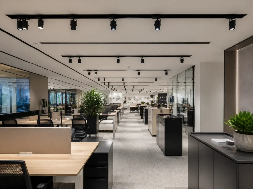 custom track lighting manufacturer installing track light rails in a modern office showroom