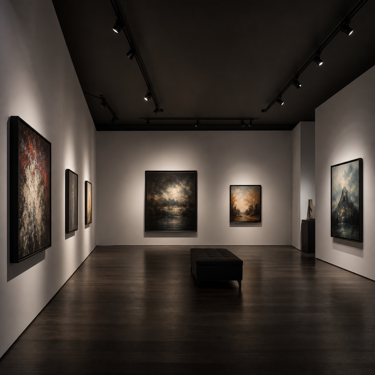 art gallery track lighting over paintings