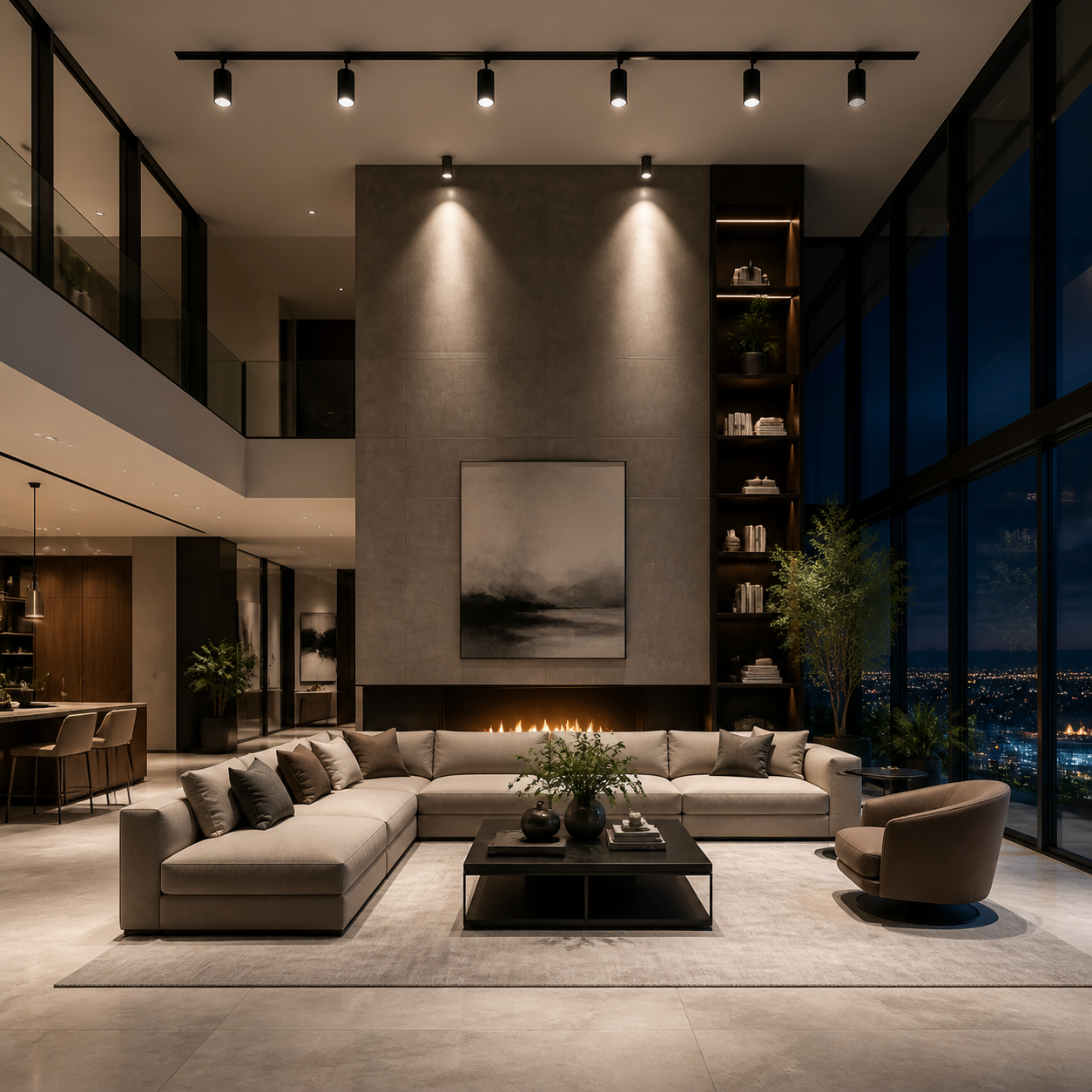 high ceiling track lighting in a double-height living room
