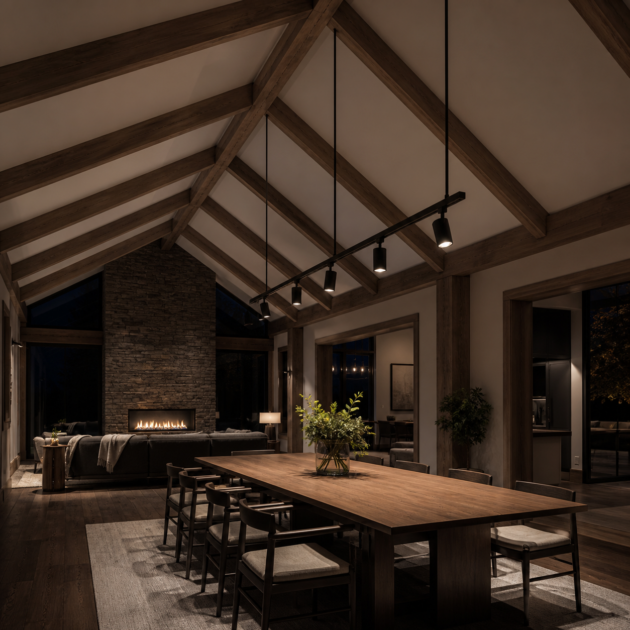 suspended track lighting on a vaulted cathedral ceiling