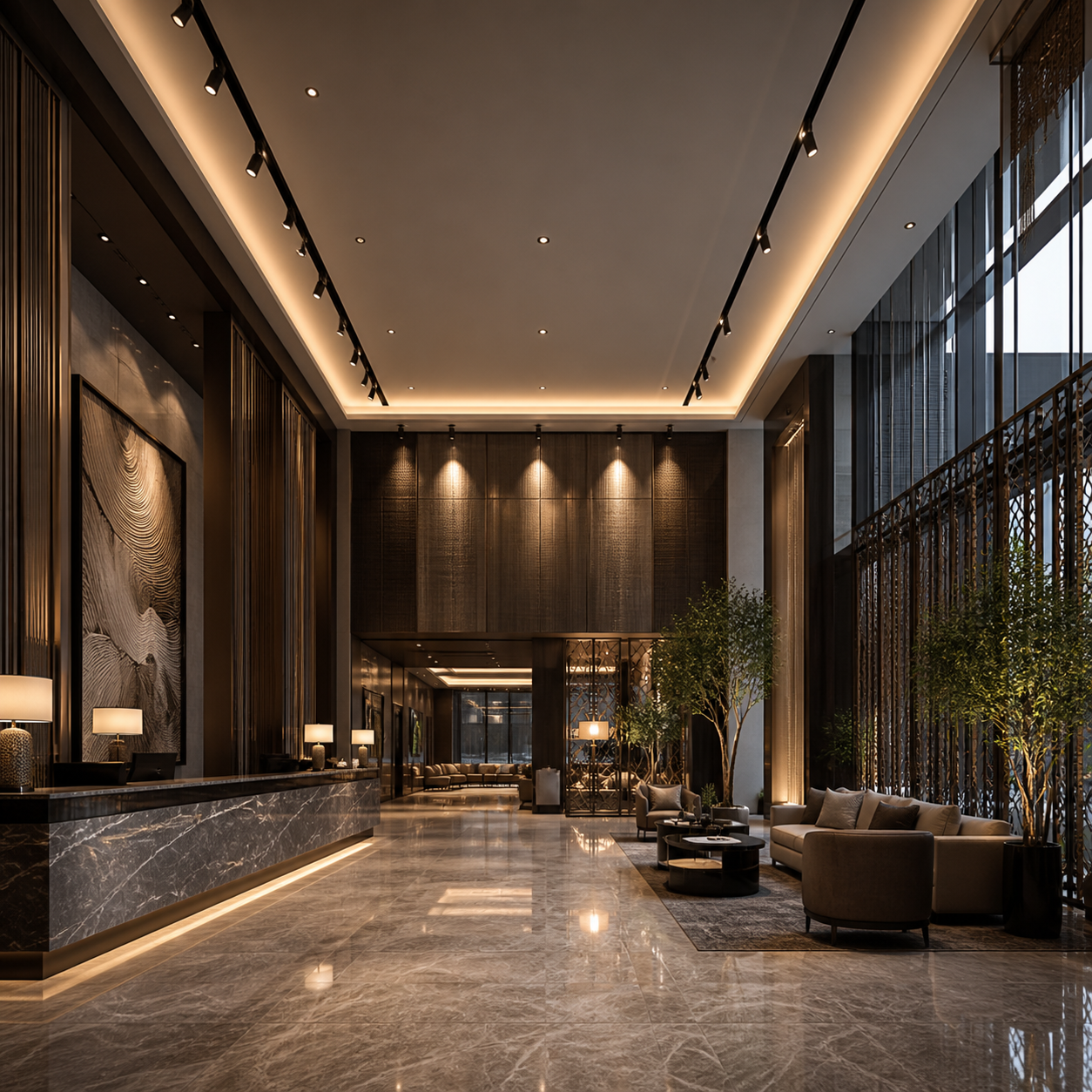 track lighting in a hotel lobby atrium