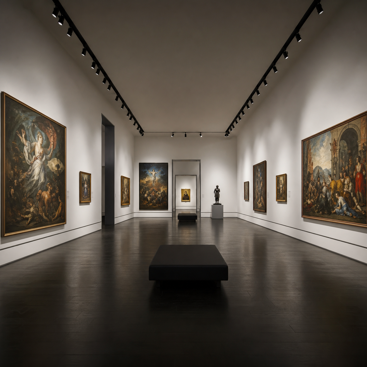 track lighting in a high-ceiling museum gallery