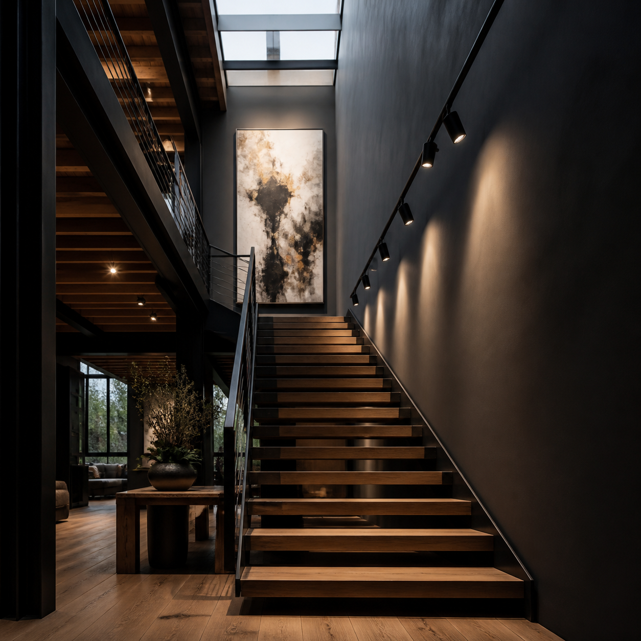 vertical track lighting on a tall stairwell wall