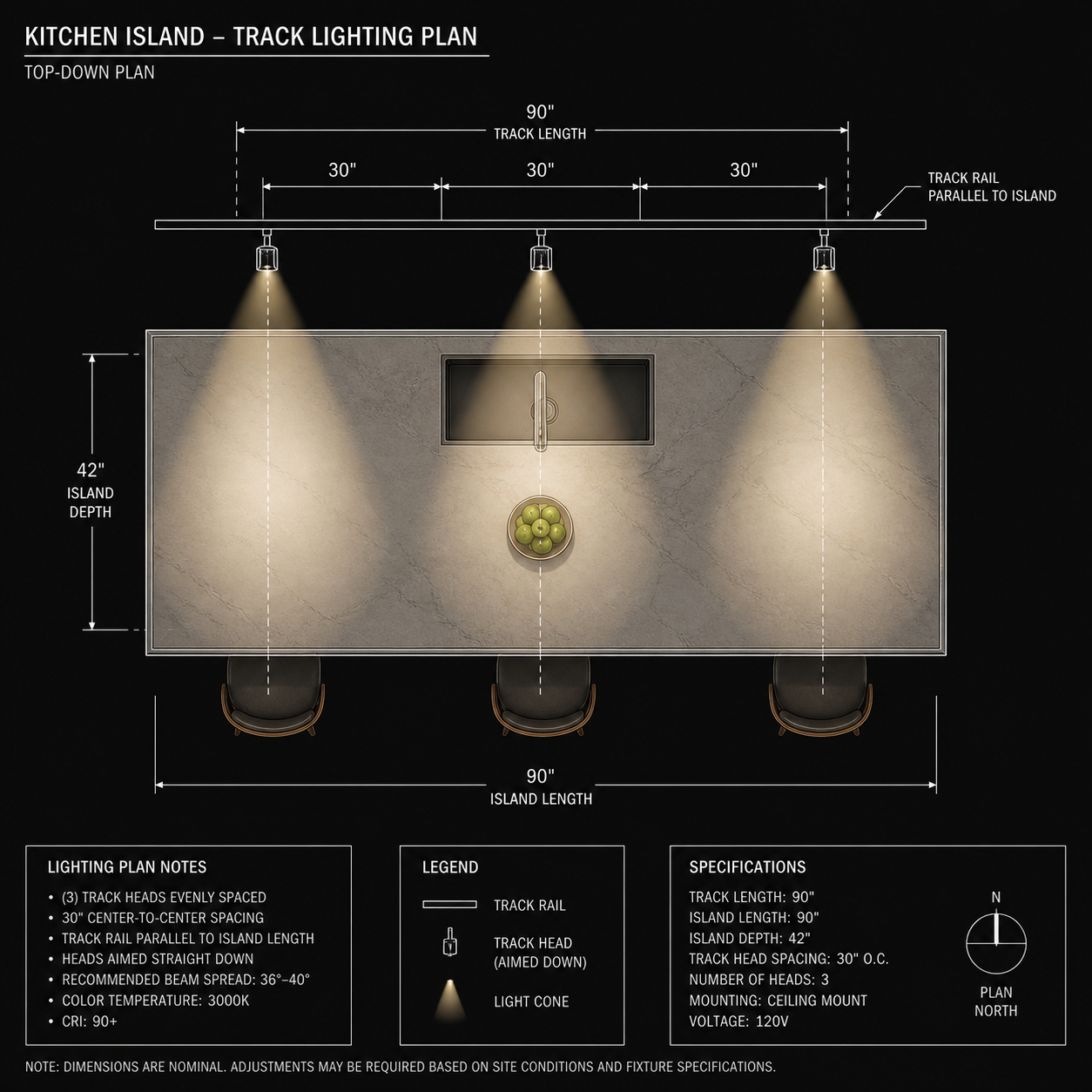 Kitchen island lighting spacing formula diagram top-down floor plan