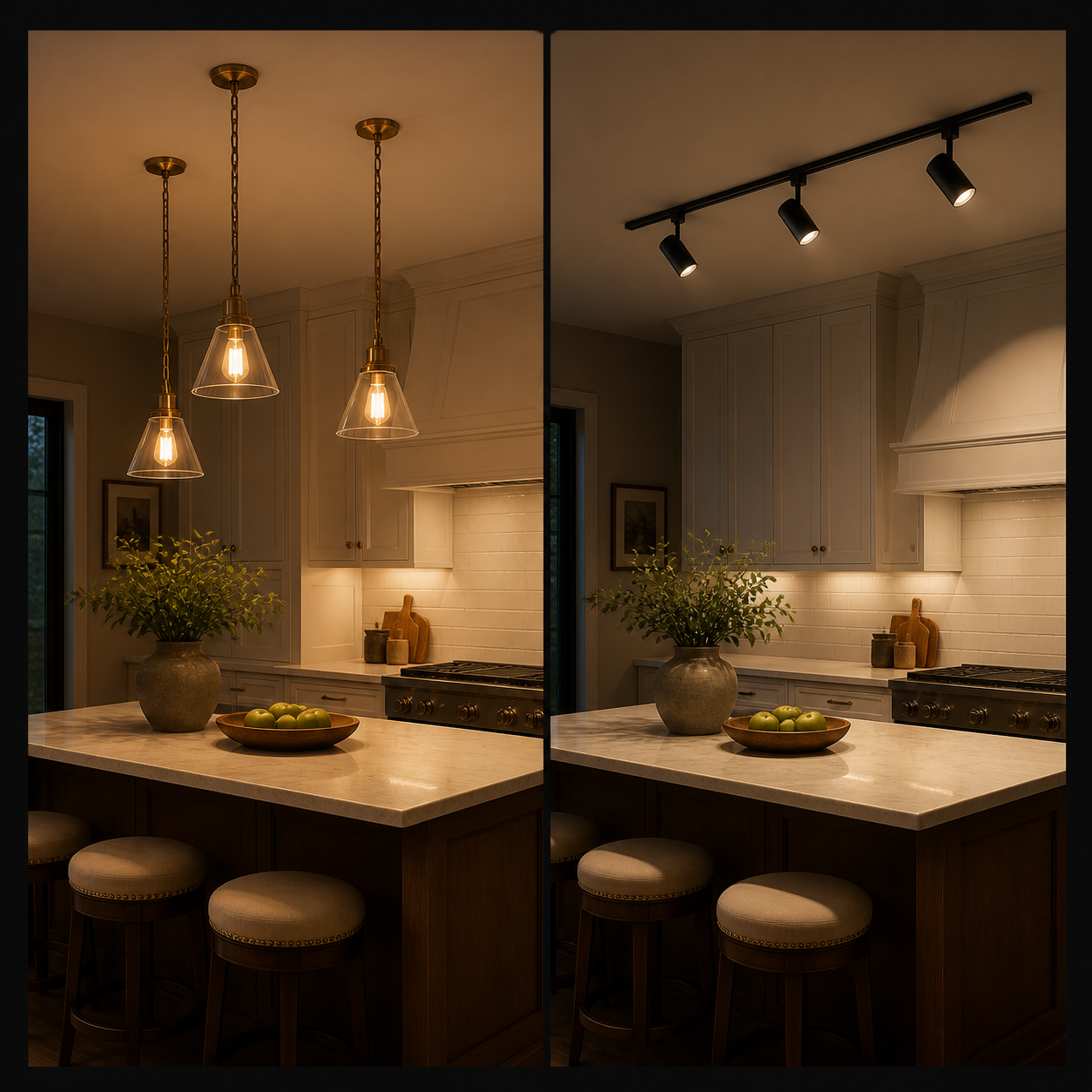 Kitchen island pendant lights vs track lighting comparison split-screen