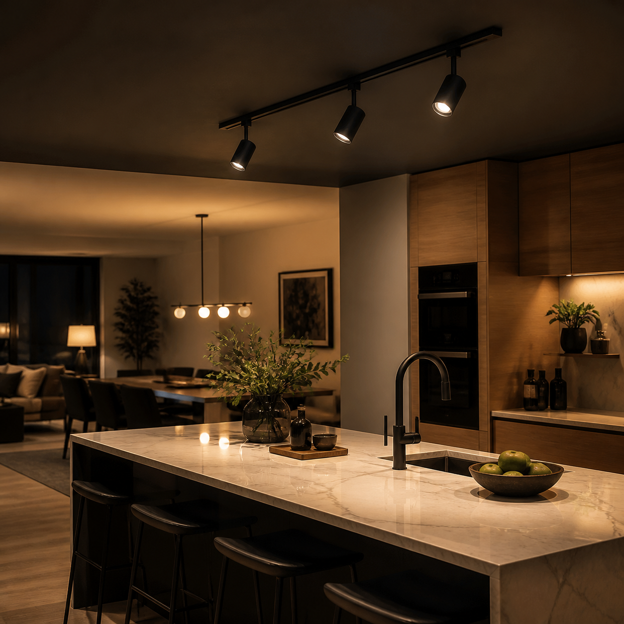 Modern kitchen island with LED track lighting heads above warm 3000K glow