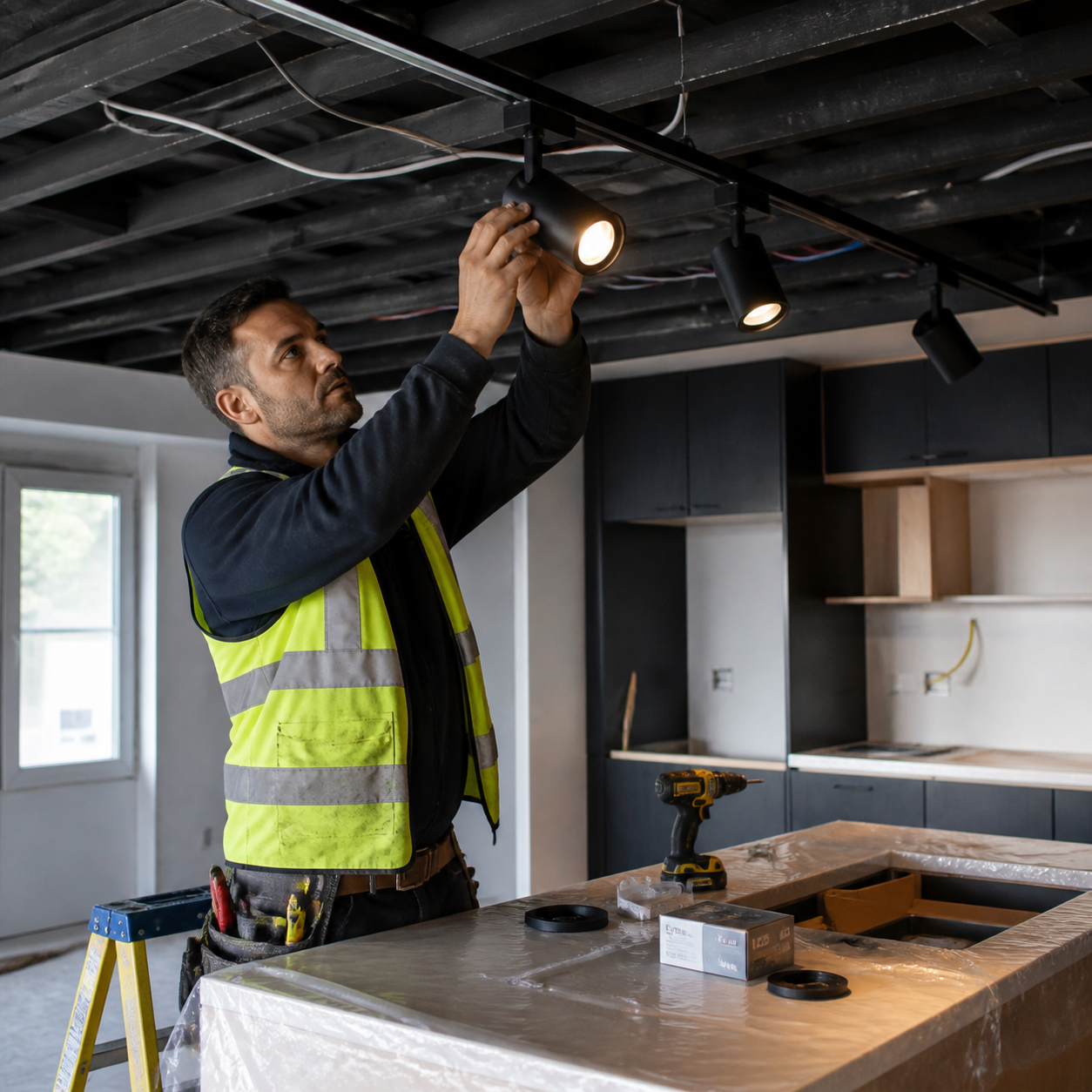 Professional electrician installing kitchen island track lighting