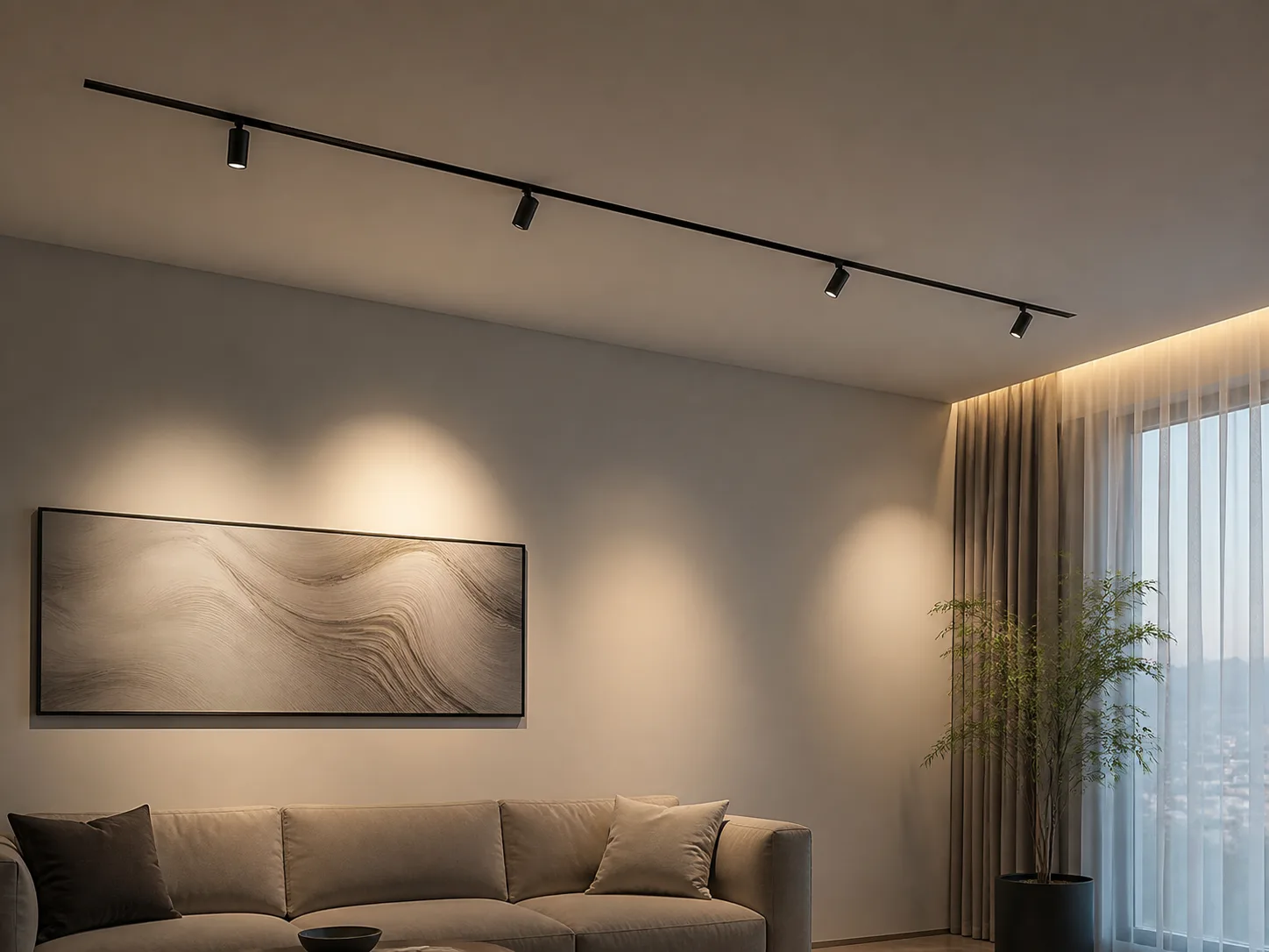 low voltage magnetic track lighting in a modern living room