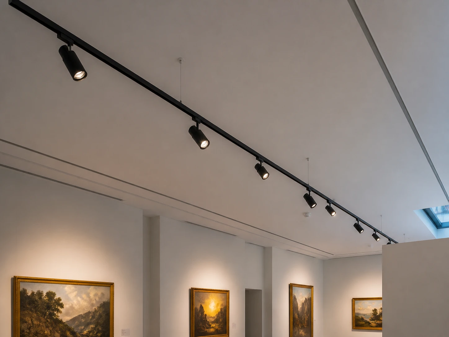black LED track lighting rail with cylindrical spot heads on a museum gallery ceiling aimed at paintings