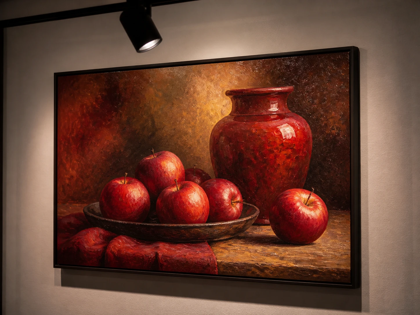 oil still life painting of red apples and ceramic vase illuminated by high CRI museum track lighting