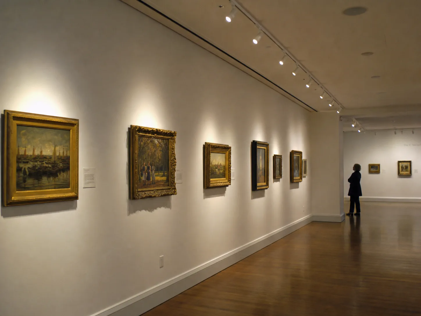 track lighting rails directing light onto paintings in a museum gallery