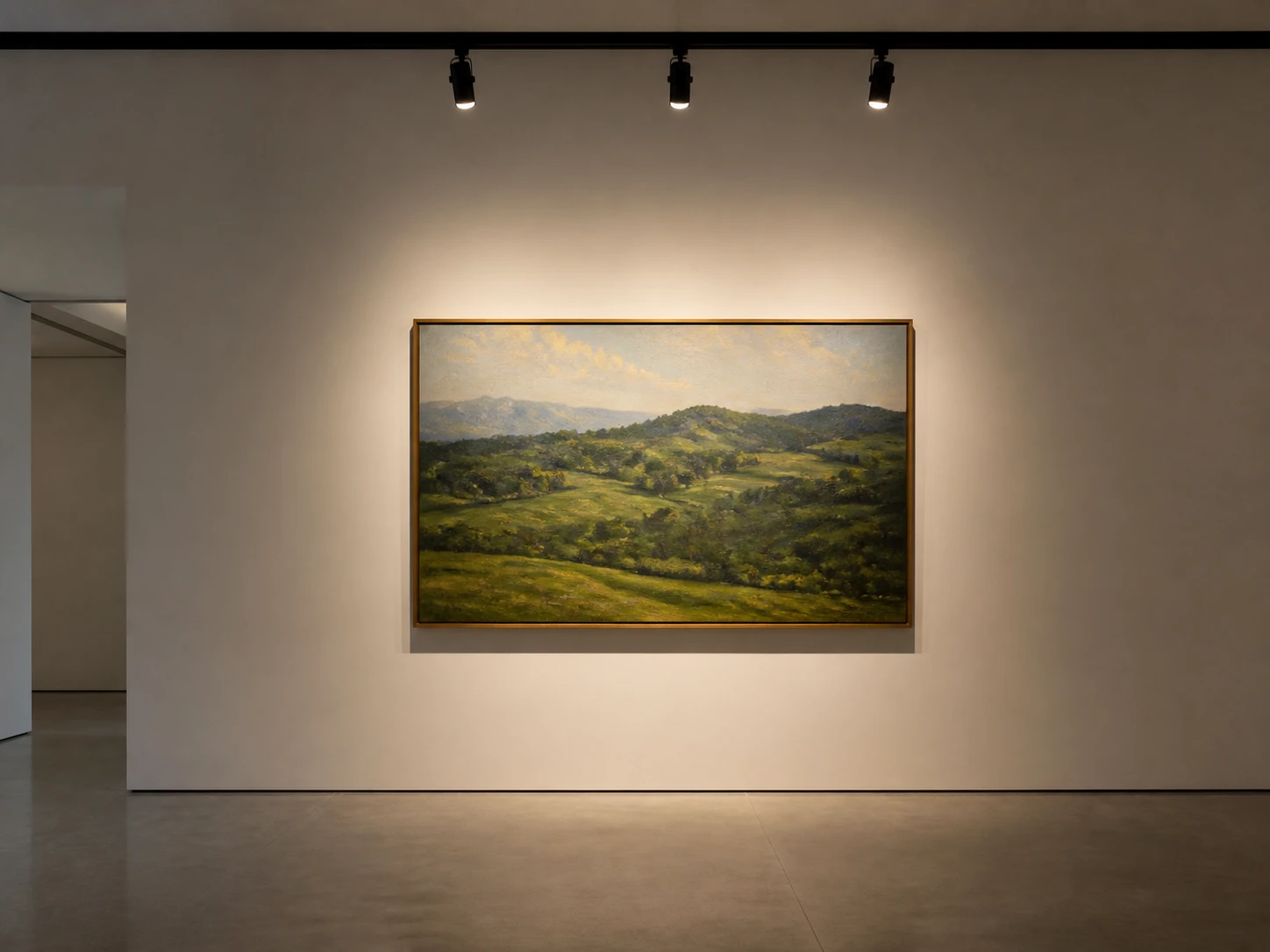 modern art museum gallery with LED track lighting precisely illuminating a framed oil painting on a white wall