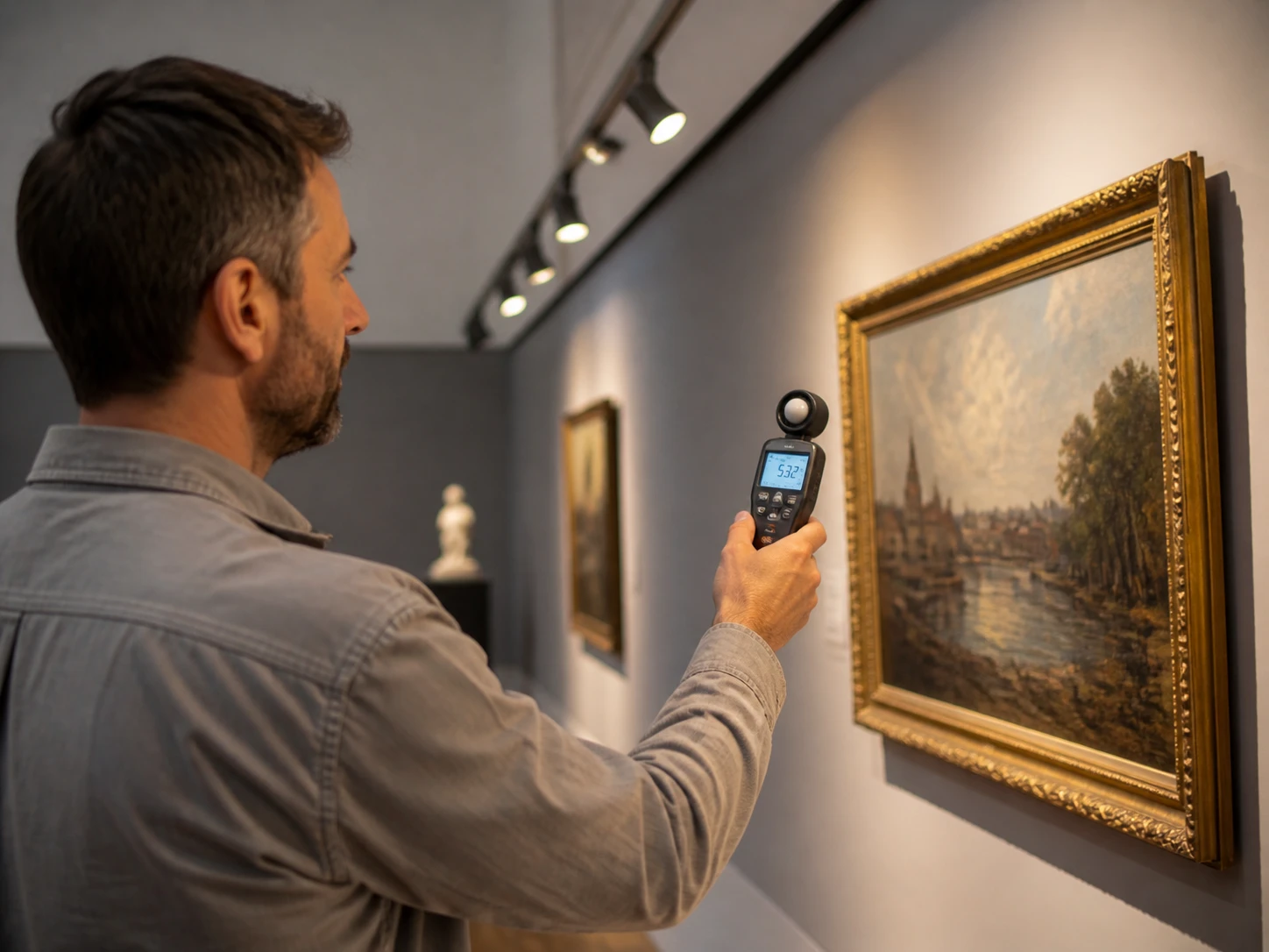 lighting technician measuring lux levels with a handheld digital lux meter on artwork in a museum