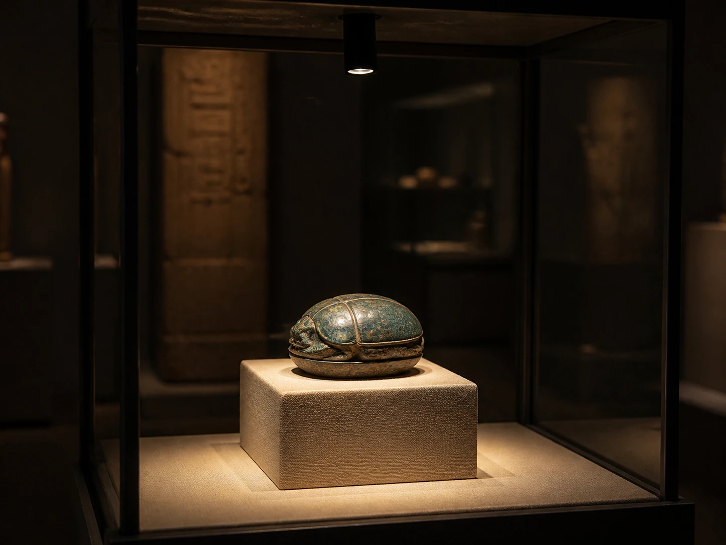 museum display case with UV-filtered glass and a lit ancient artifact under a focused track spotlight