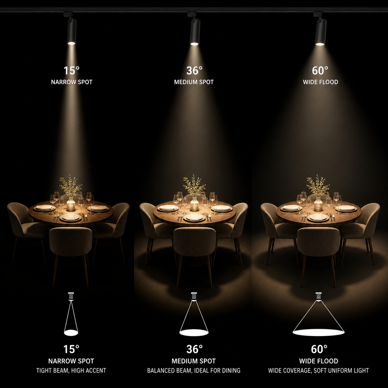 Restaurant beam angle comparison 15 36 60 degree LED track lighting