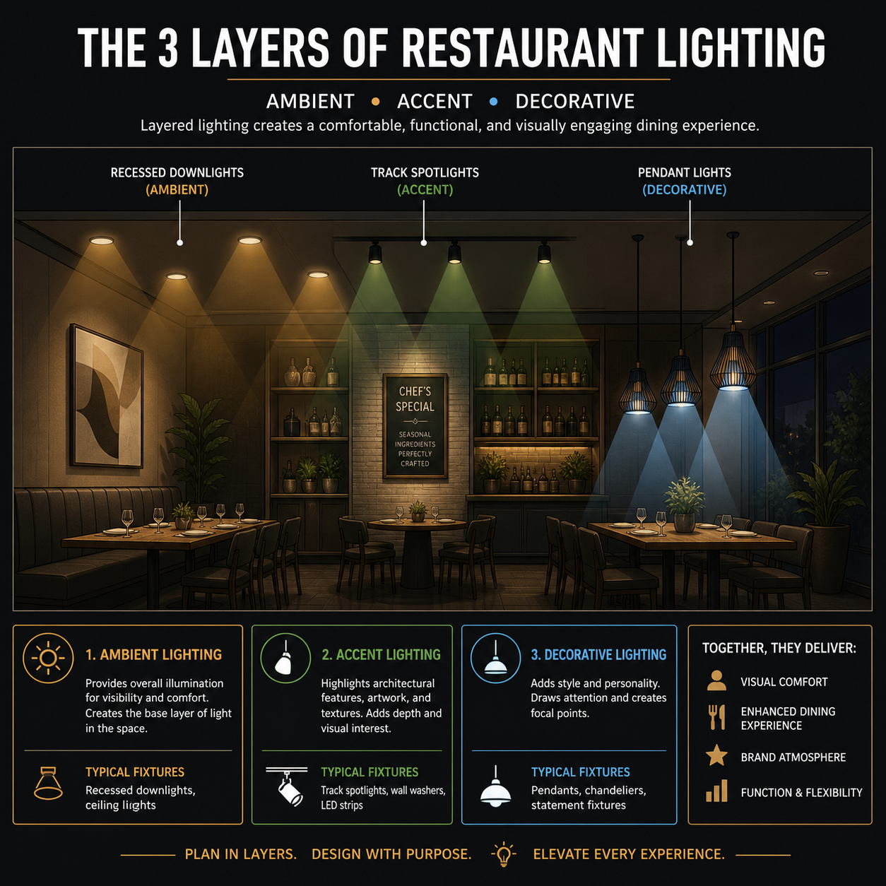 Restaurant lighting layers diagram ambient accent decorative