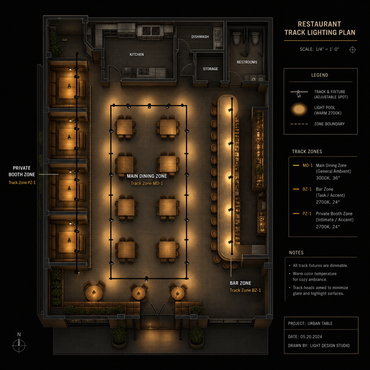 Restaurant lighting zoning floor plan overhead view