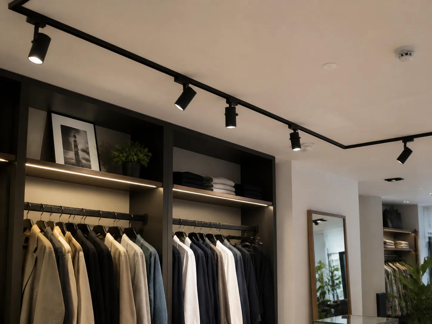 conventional track lighting rail in a modern retail store ceiling