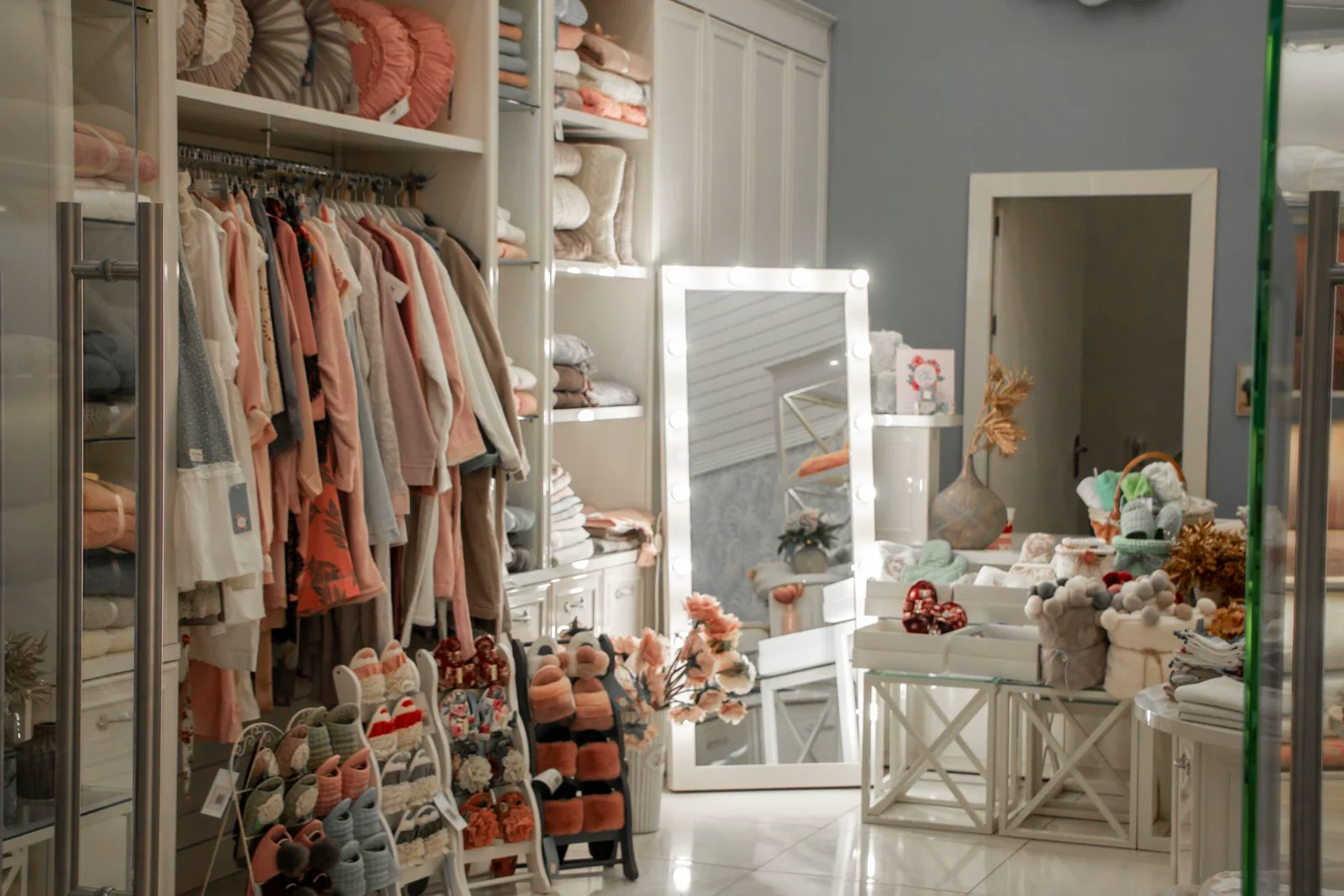 Warm elegant boutique retail store interior with commercial lighting lux levels providing comfortable browsing illumination