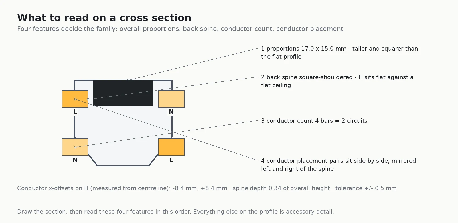 Annotated H track cross section labelled with the four identifying features: overall proportions, back spine, conductor count and conductor placement