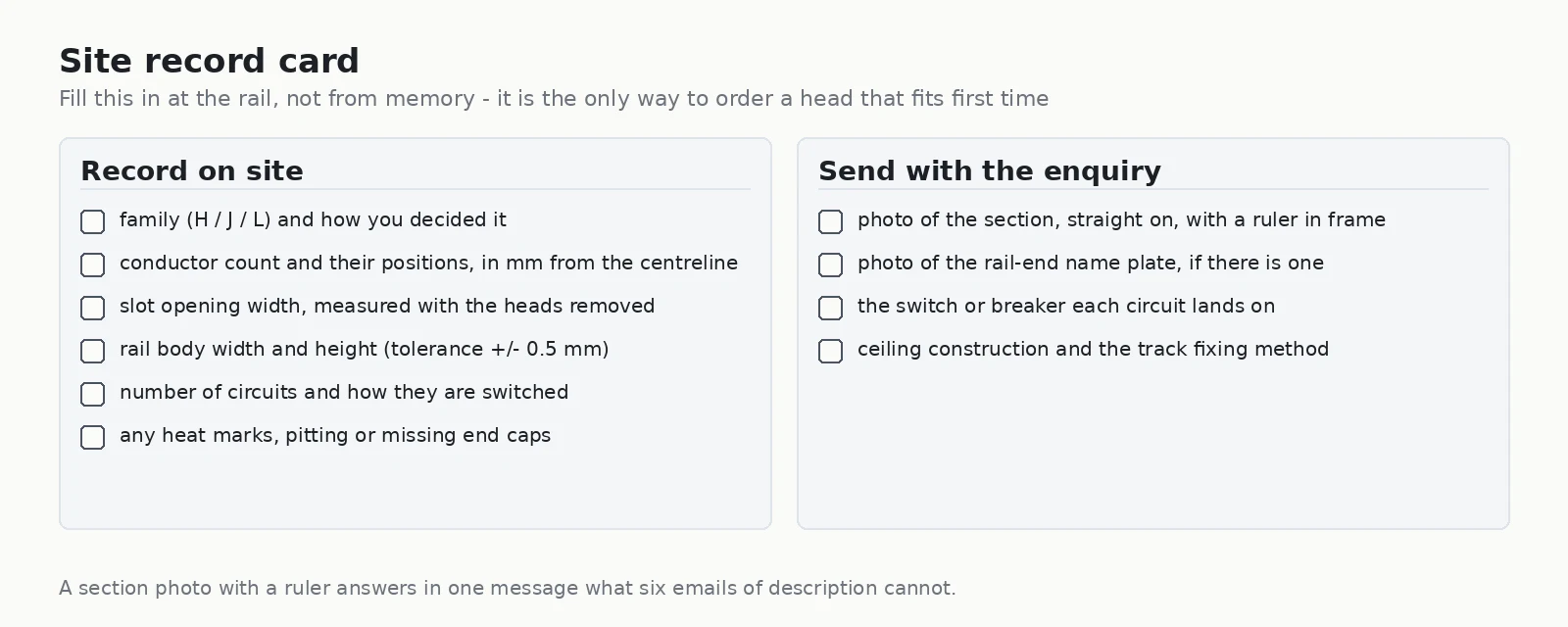 Printable checklist of the six measurements to record at a track rail and the four items to send with an enquiry