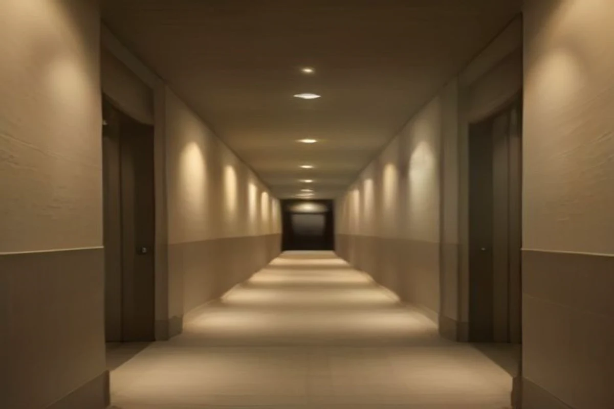 Warm 2700K hotel guest corridor lighting with layered downlights and wall-wash creating an even, welcoming glow