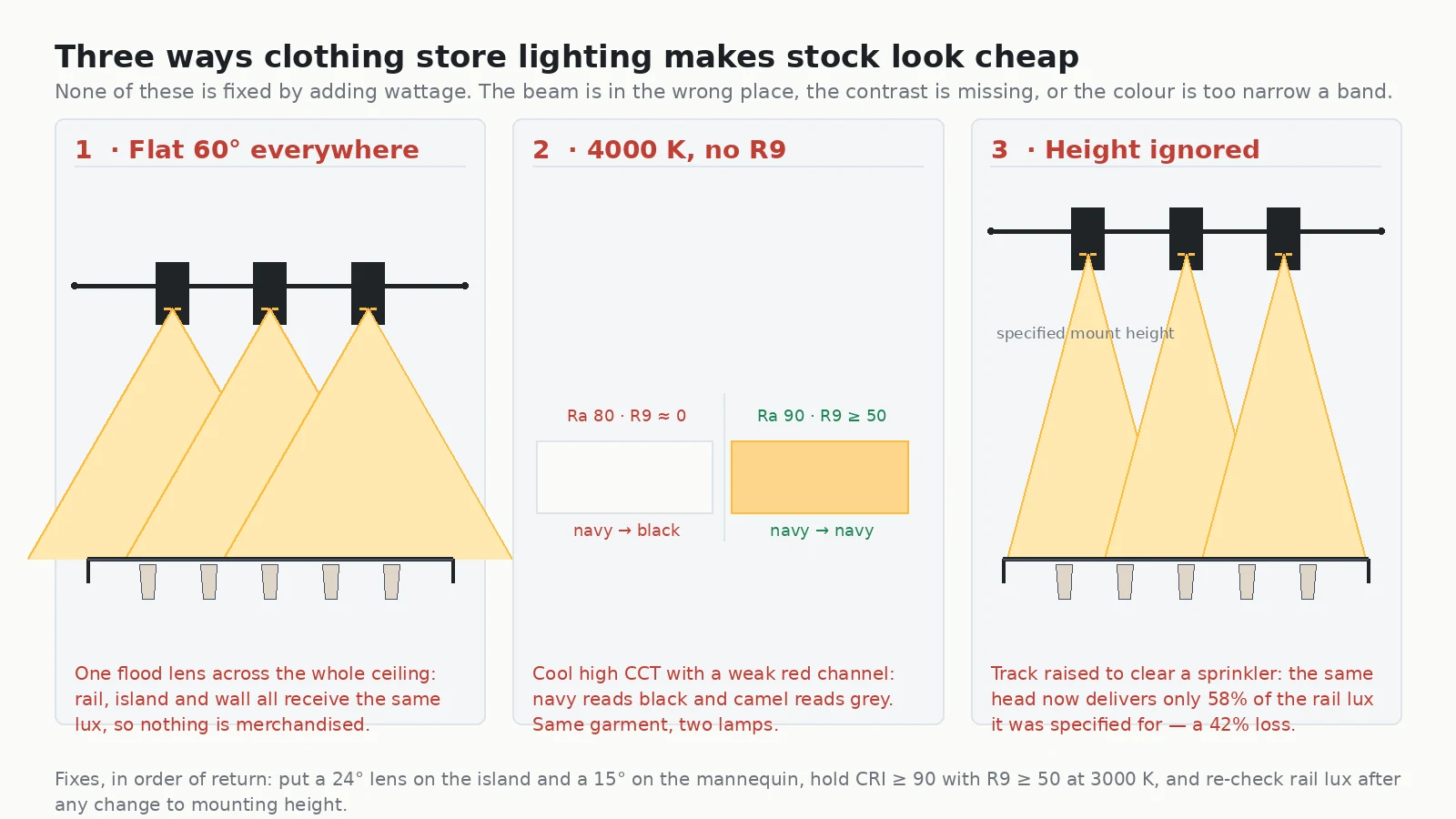 Three-panel diagram of common clothing store lighting mistakes: a sixty degree flood washing everything equally, a four thousand kelvin low CRI lamp shifting navy to black, and a track raised above its specified mounting height